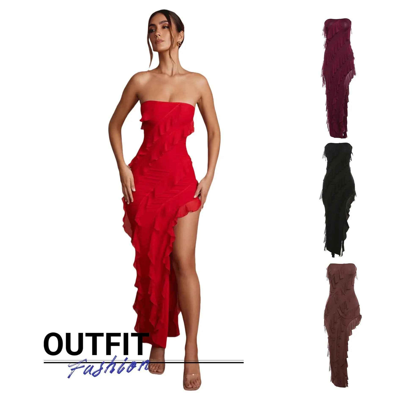 2025 Summer Trend Skinny Women's Fashion Tube Top Backless Split Tassel Dress Birthday Party Clubwear