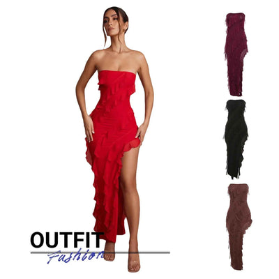 2025 Summer Trend Skinny Women's Fashion Tube Top Backless Split Tassel Dress Birthday Party Clubwear