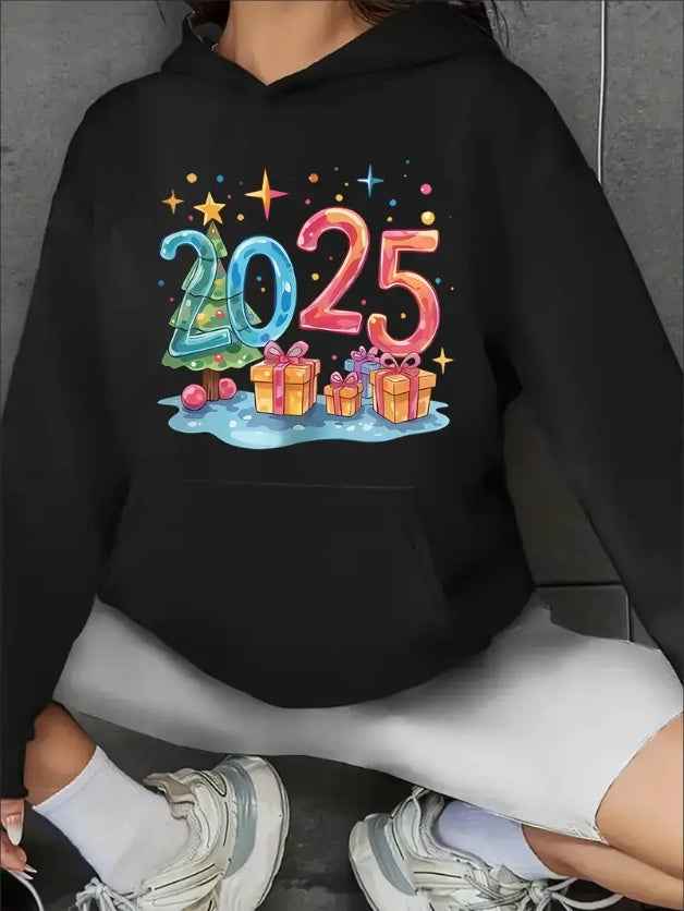 Women'S Casual Christmas 2025 Print Hooded Sweatshirt With Kangaroo Pocket, All-Season Long Sleeve Pullover, Machine Washable