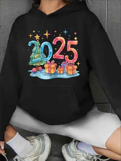 Women'S Casual Christmas 2025 Print Hooded Sweatshirt With Kangaroo Pocket, All-Season Long Sleeve Pullover, Machine Washable