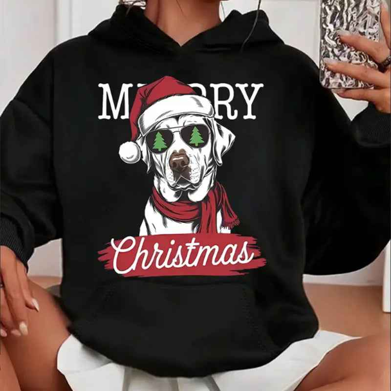 Women'S Casual Christmas Dog Print Hoodie With Kangaroo Pocket, Long Sleeve, Hooded Sweatshirt For All Seasons