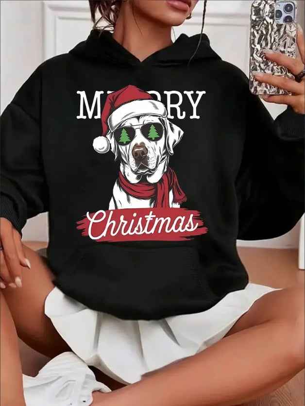 Women'S Casual Christmas Dog Print Hoodie With Kangaroo Pocket, Long Sleeve, Hooded Sweatshirt For All Seasons