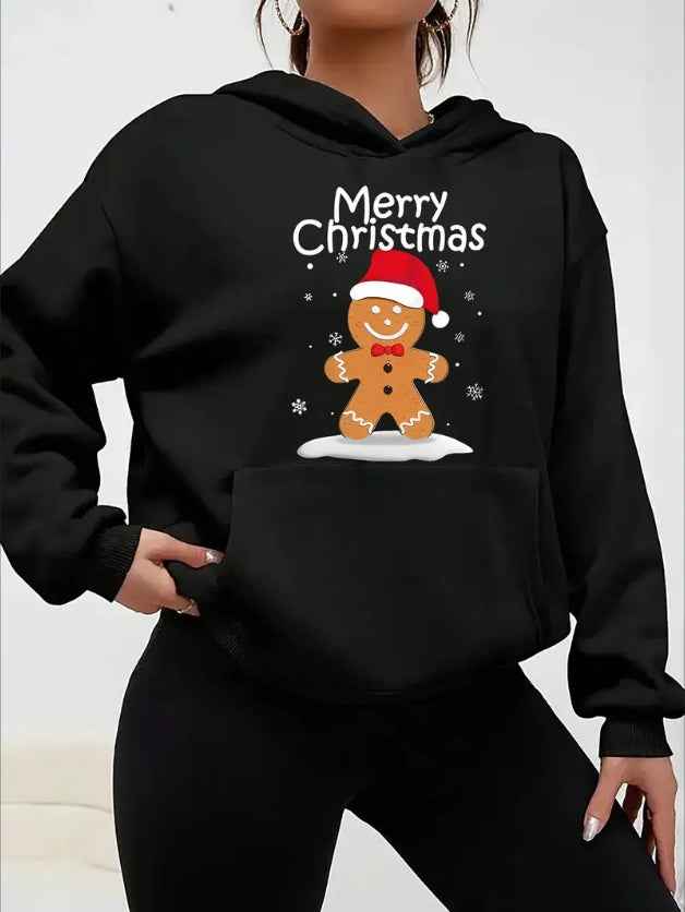 Women'S Casual Christmas Gingerbread Print Hoodie, Long Sleeve Hooded Sweatshirt, With Kangaroo Pocket, For All-Season Comfort