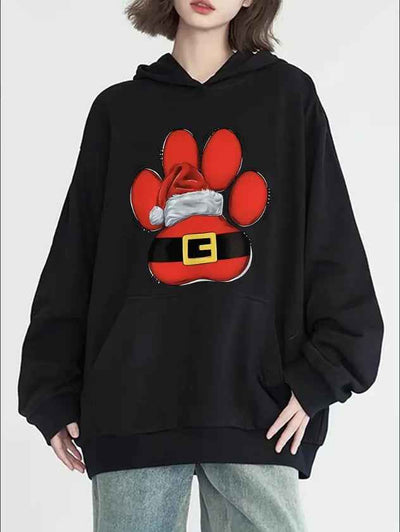 Women'S Casual Christmas Paw Print Hoodie, Long Sleeve, Crew Neck, Front Pocket, For All Seasons