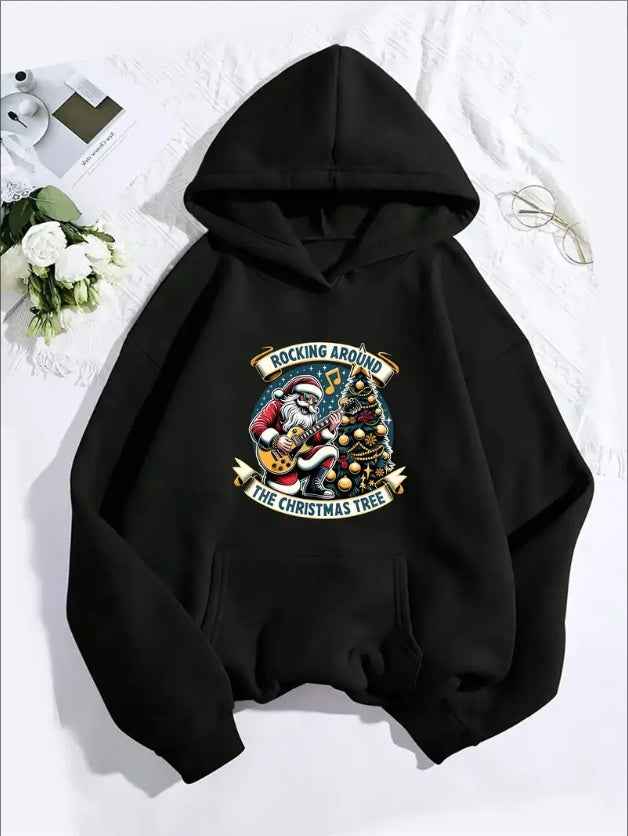 Women'S Casual Christmas Tree And Santa Graphic Hoodie, Hooded Long Sleeve Sweatshirt, With Kangaroo Pocket, For All Seasons