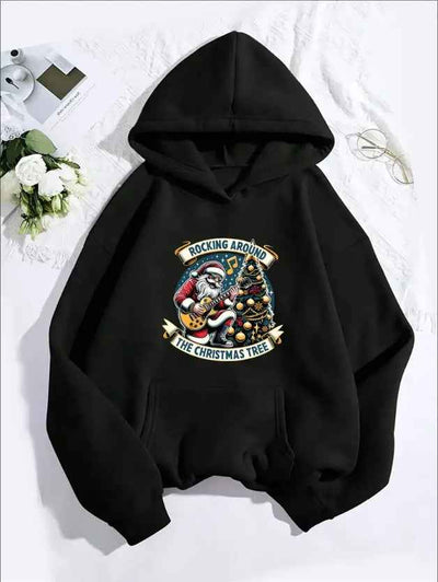 Women'S Casual Christmas Tree And Santa Graphic Hoodie, Hooded Long Sleeve Sweatshirt, With Kangaroo Pocket, For All Seasons