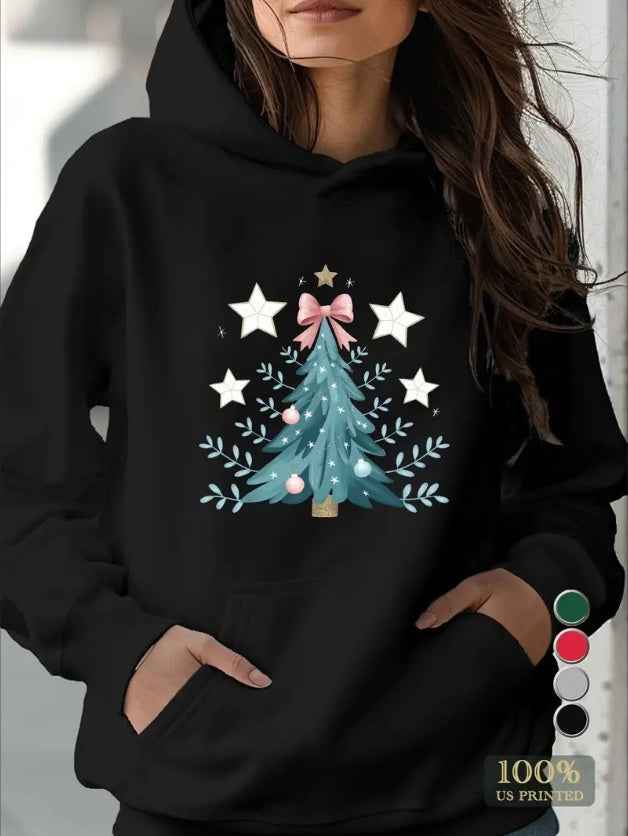 Women's Casual Hoodie With Geometric Christmas Tree Illustration, Hooded Collar, And Pockets - Fall Winter Fashion Sweatshirt