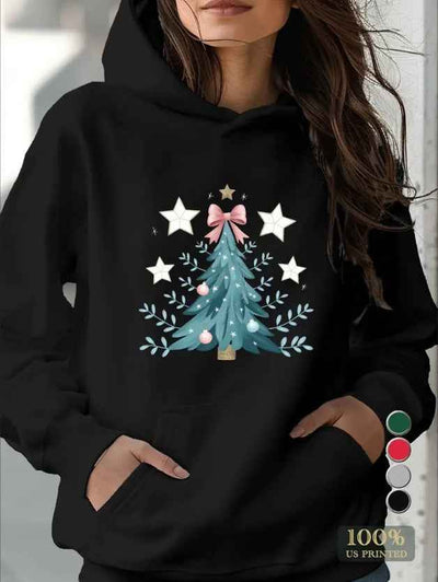 Women's Casual Hoodie With Geometric Christmas Tree Illustration, Hooded Collar, And Pockets - Fall Winter Fashion Sweatshirt