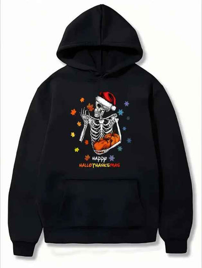Women'S Casual Hoodie With Skeleton Pumpkin Christmas Print, Long Sleeve, Hooded, Pullover, Regular Fit, Fall Winter Collection