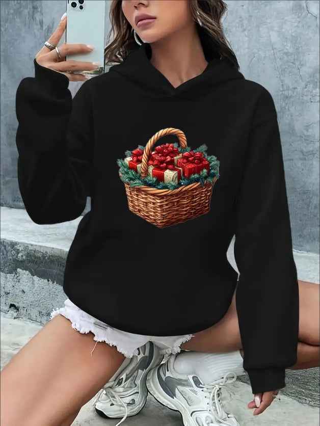 Women'S Casual Rib-Knit Hoodie With Letter & Graphic Print,  Polyester Knit Fabric, Drawstring Hooded Sweatshirt For Fall Winter, Festive Christmas Basket Design, Versatile For Halloween & More