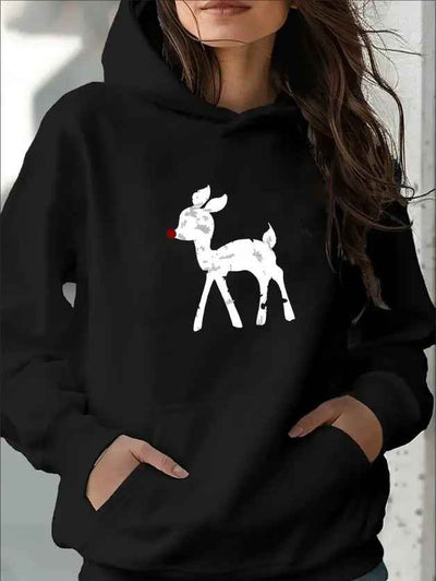 Women'S Casual Sporty Reindeer Print Hoodie - Polyester Knit Fabric, Christmas Pattern, Hooded, Slight Stretch, All Season Wear