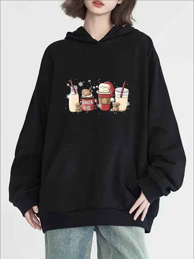 Women's Cozy Christmas Milk Tea Print Hoodie - Casual Long Sleeve With Pockets, Perfect For Fall & Winter
