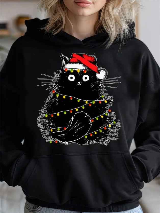 Women's Cozy Hoodie With Cute Black Cat & Christmas Tree Design - Casual Long Sleeve Pullover For Fall Winter