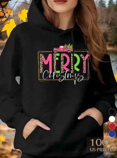 Women'S Merry Christmas Hooded Sweatshirt,  Casual Long Sleeve Pullover With Pockets, Slight Stretch, For Fall Winter
