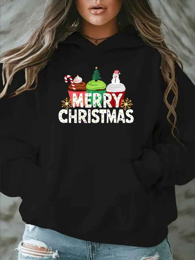 Women'S Plus Size Casual Hooded Sweatshirt With Merry Christmas Print, Oversized Pullover With Pockets For Fall Winter