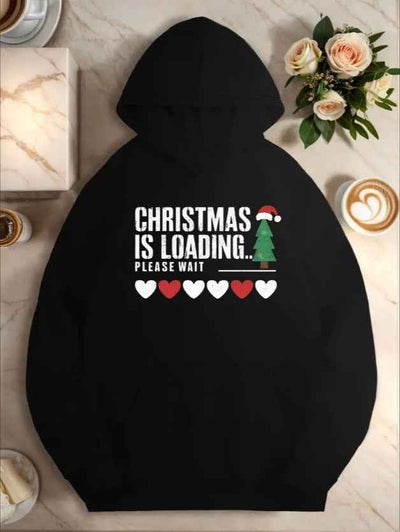 Women'S Plus Size Casual Hoodie With Christmas Loading Graphic, Geometric Pattern,Fall Winter Hooded Sweatshirt With Pocket