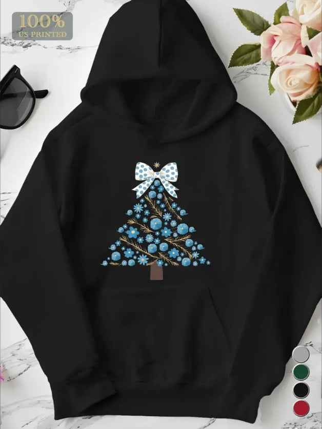 Women's Plus Size Casual Hoodie With Christmas Tree And Blue Flowers Design, Long Sleeve, Machine Washable