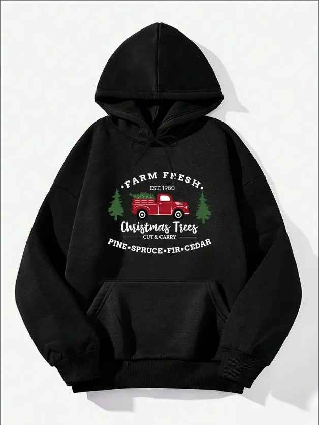 Women's Plus Size Christmas Car & Tree Graphic Print Casual Hooded Sweatshirt - Long Sleeve Drawstring Hoodie, Fall Winter