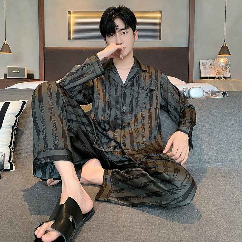 High-grade Ice Silk Men's Pajamas V-neck Thin Trousers Long Sleeve Two-piece Set