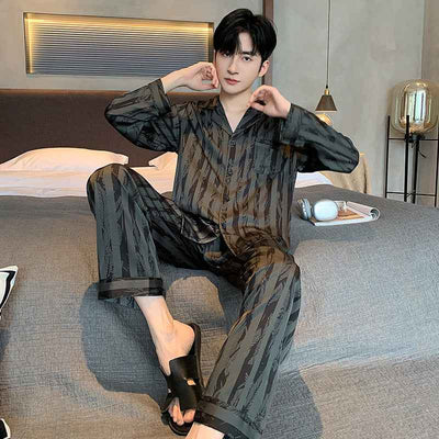 High-grade Ice Silk Men's Pajamas V-neck Thin Trousers Long Sleeve Two-piece Set