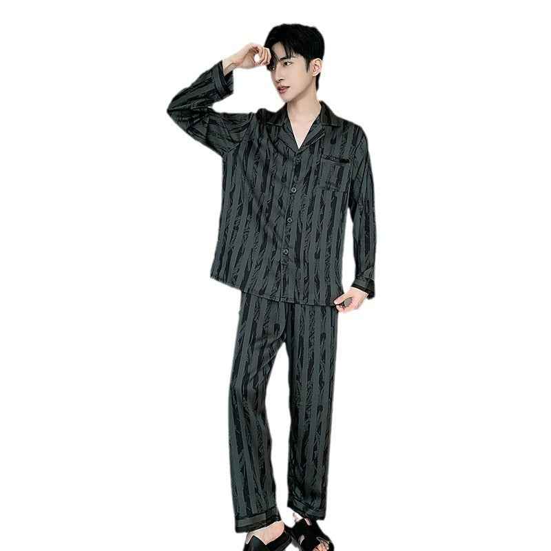 High-grade Ice Silk Men's Pajamas V-neck Thin Trousers Long Sleeve Two-piece Set