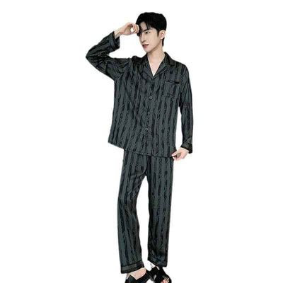 High-grade Ice Silk Men's Pajamas V-neck Thin Trousers Long Sleeve Two-piece Set