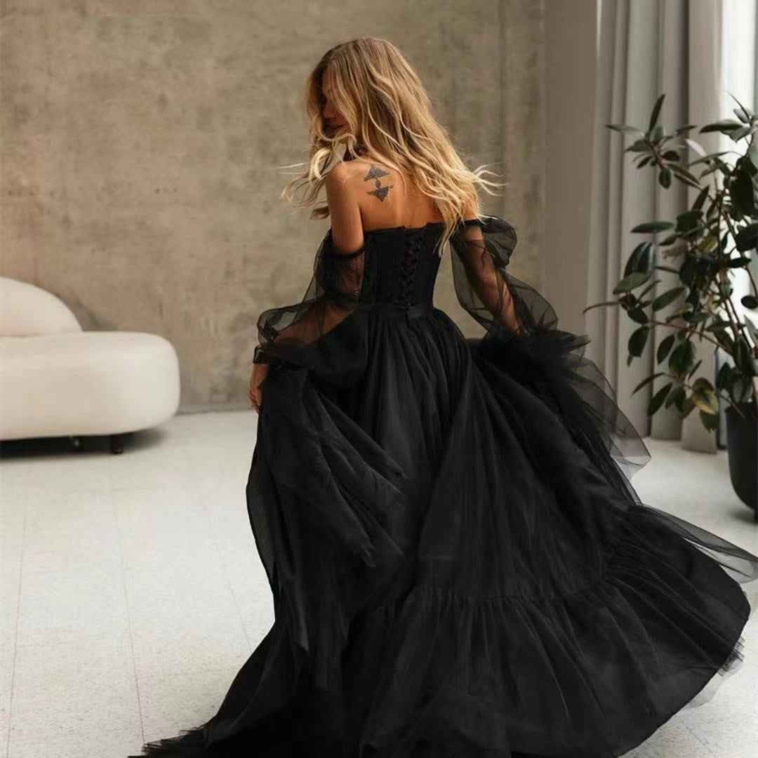 Women's Long Sleeve Transparent Lace Black Wedding Dress