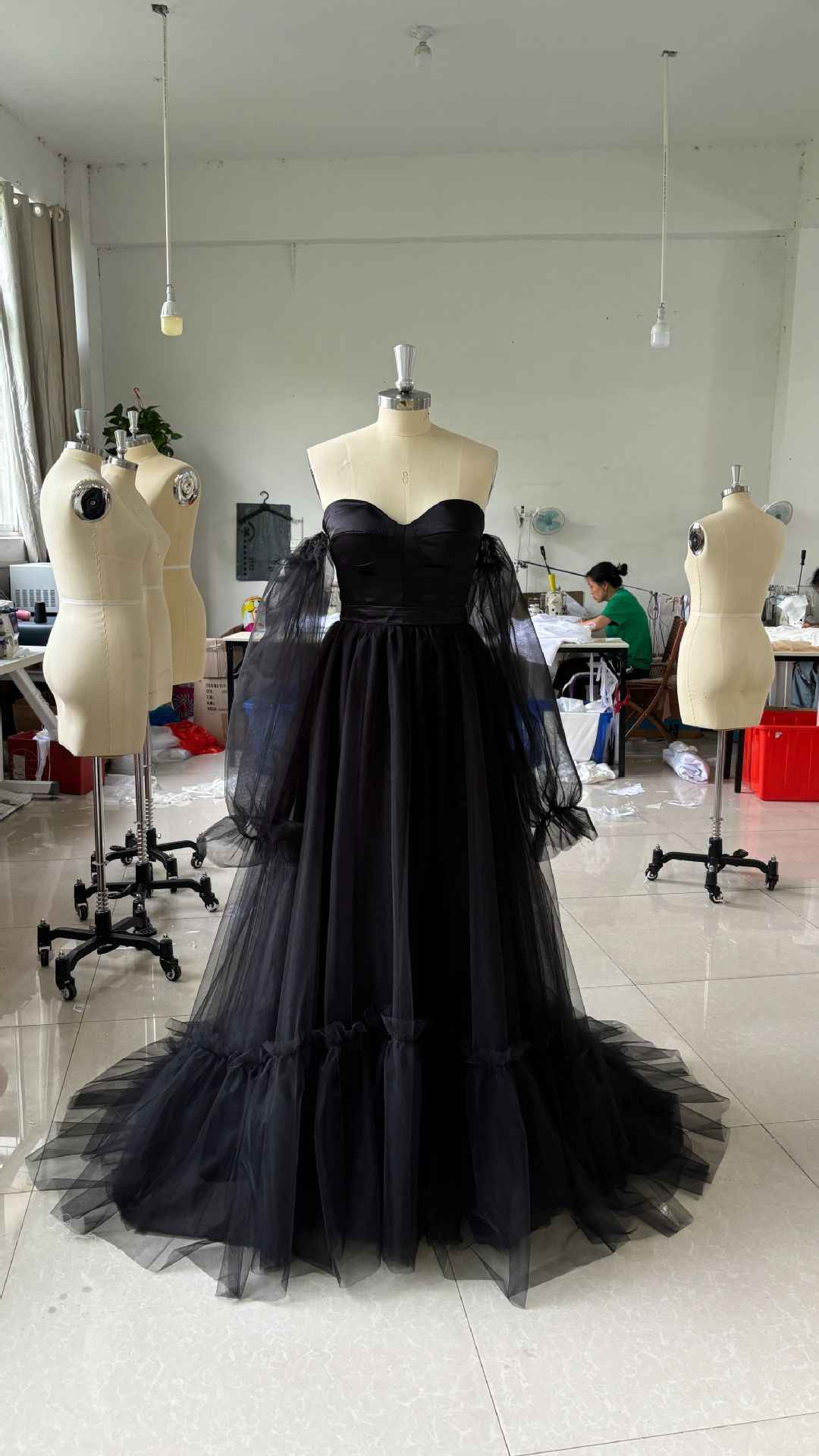 Women's Long Sleeve Transparent Lace Black Wedding Dress