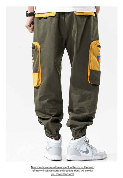 Loose Color-Blocked Printed Cargo Pants With Large Pockets