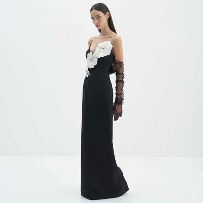 Black Backless Bandage Chest White Exquisite Flower Decorative Dress For Women Dress