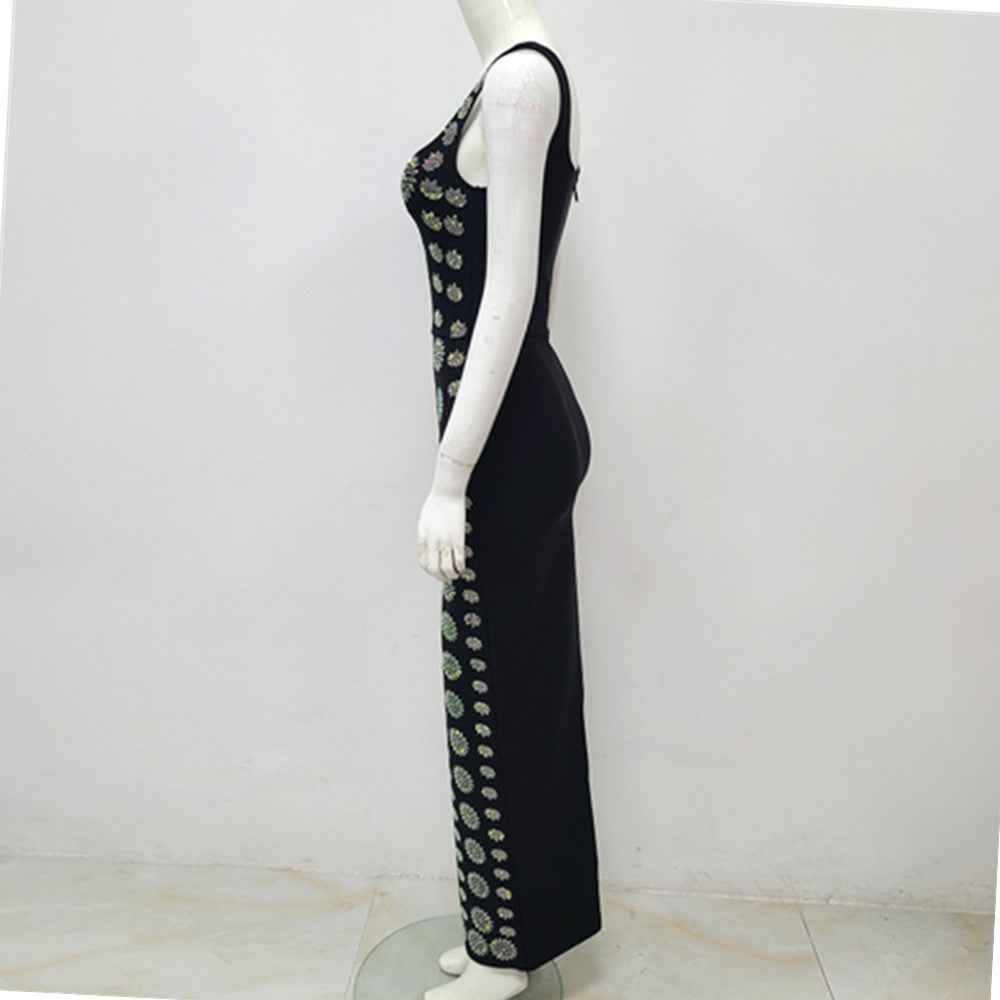 Black Sleeveless U-neck Rhinestone Elegant Slim Bandage DressEvening Dress