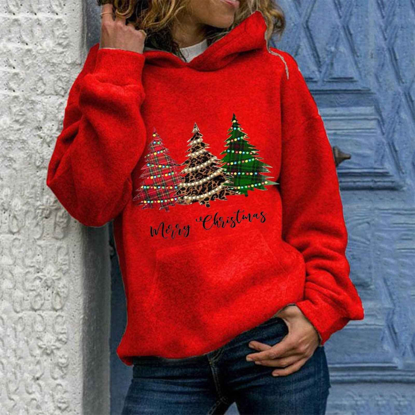 Christmas Merry Christmas Christmas tree hooded sweater large size loose top