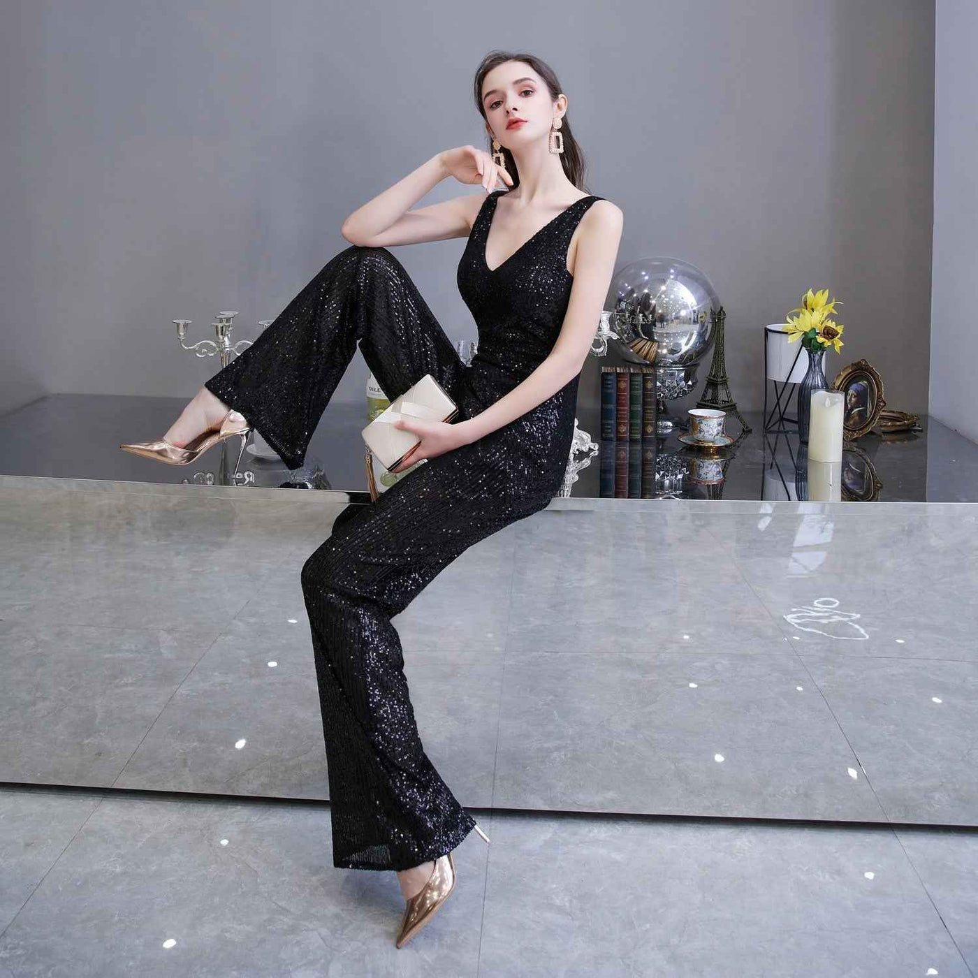 Fashionable Temperament Dress Waist Slim Jumpsuit Wide-leg Pants Ladies Party Annual Meeting Evening Dress