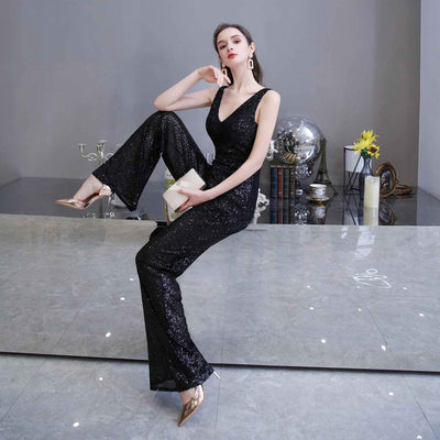 Fashionable Temperament Dress Waist Slim Jumpsuit Wide-leg Pants Ladies Party Annual Meeting Evening Dress