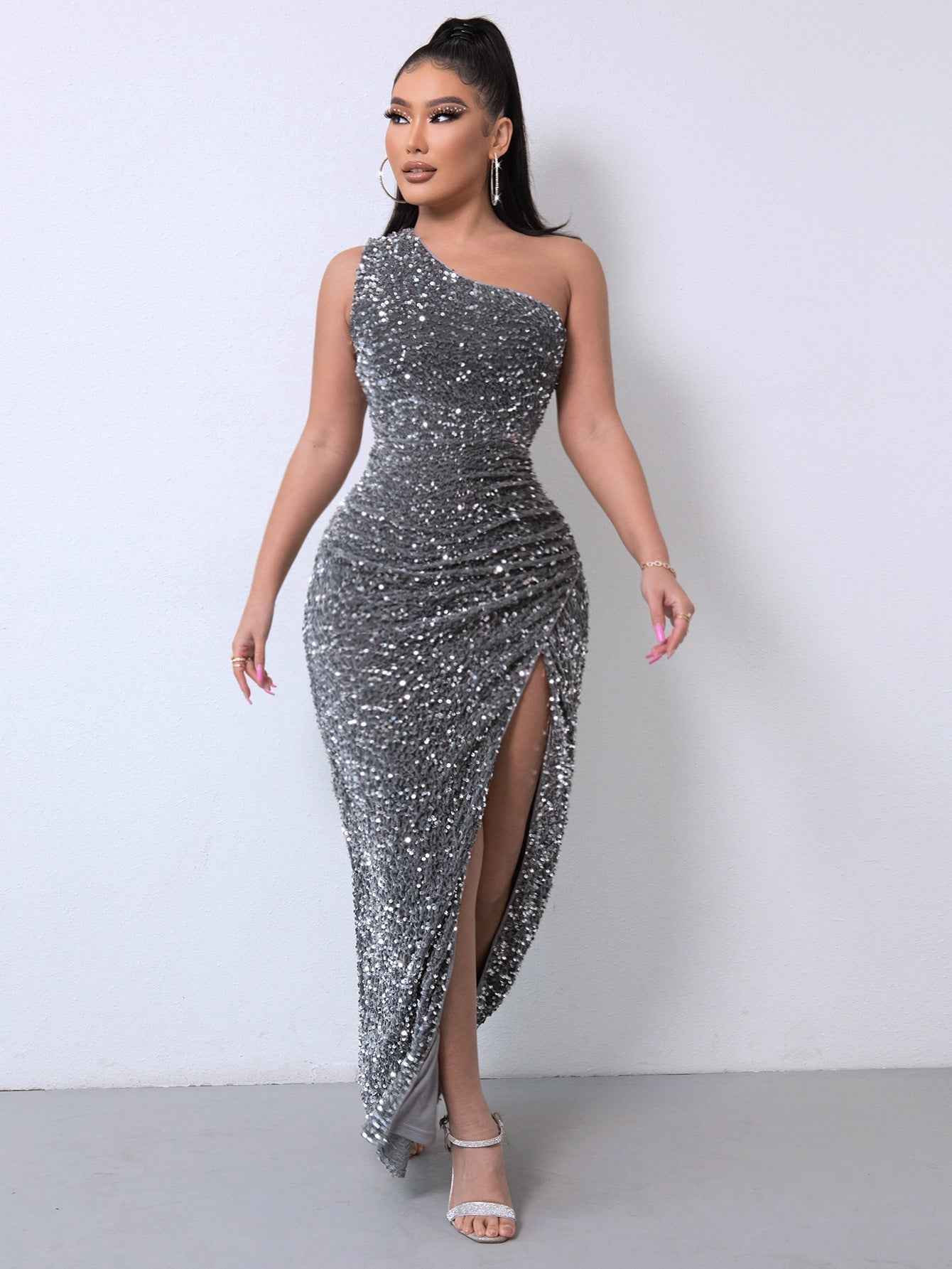 Foreign Trade Sleeveless One Shoulder Slash Neck Sequins Gorgeous Slit Women's Dress