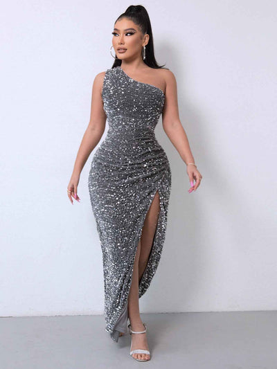 Foreign Trade Sleeveless One Shoulder Slash Neck Sequins Gorgeous Slit Women's Dress