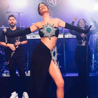 Shiny Rhinestone Tube Top High Slit Skirt Bandage Suit