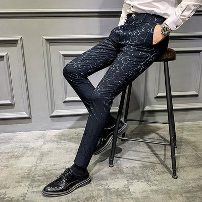 Men's Trousers Korean Style Slim Fashion Jacquard Thinning Hair Stylist Feet Pants SHOPPORA