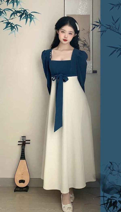 National Style New Chinese Style Spring And Autumn French Retro Elegant Slim Square Collar High Waist Skirt