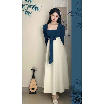 National Style New Chinese Style Spring And Autumn French Retro Elegant Slim Square Collar High Waist Skirt
