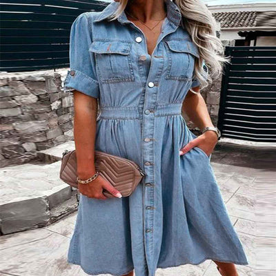 Women's Single-breasted Lapel Denim Dress Ins Fashion Temperament Slim-fit Short-sleeved Dress Summer