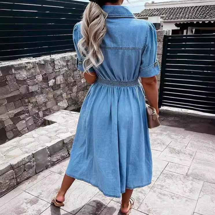 Women's Single-breasted Lapel Denim Dress Ins Fashion Temperament Slim-fit Short-sleeved Dress Summer