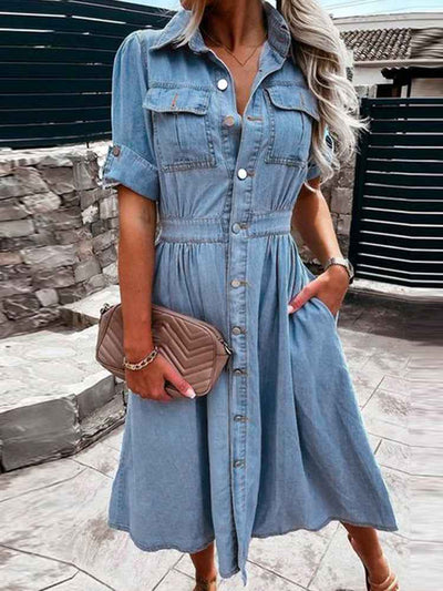 Women's Single-breasted Lapel Denim Dress Ins Fashion Temperament Slim-fit Short-sleeved Dress Summer