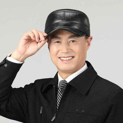 Leather Hat For Men's Warm Flat Top Ear Protection