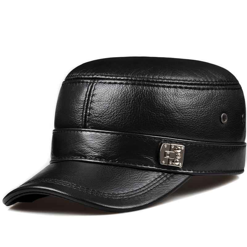 Leather Hat For Men's Warm Flat Top Ear Protection