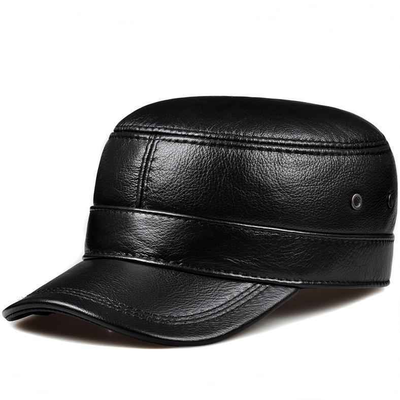 Leather Hat For Men's Warm Flat Top Ear Protection
