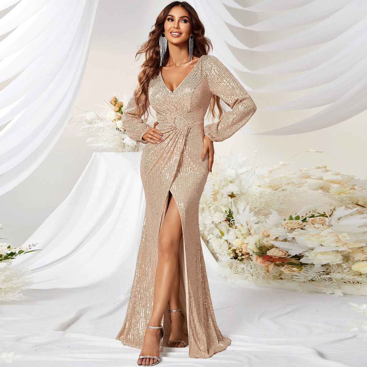 Sequined V-neck Long Sleeve High Slit Slim Fishtail Prom Evening Dress