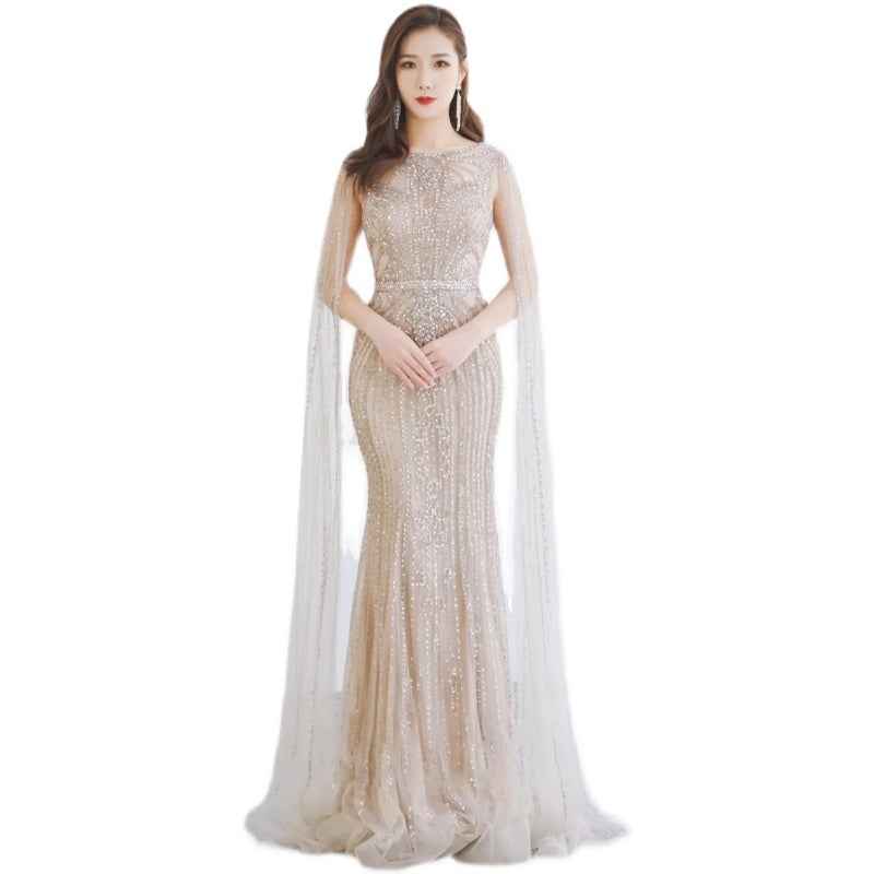 Fishtail Zipper Floating Sleeve Long Host Dress