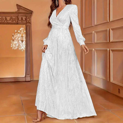 Elegant Dinner Sequined Long Sleeve V-neck High Waist Evening Dress