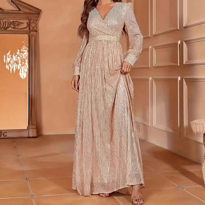 Elegant Dinner Sequined Long Sleeve V-neck High Waist Evening Dress